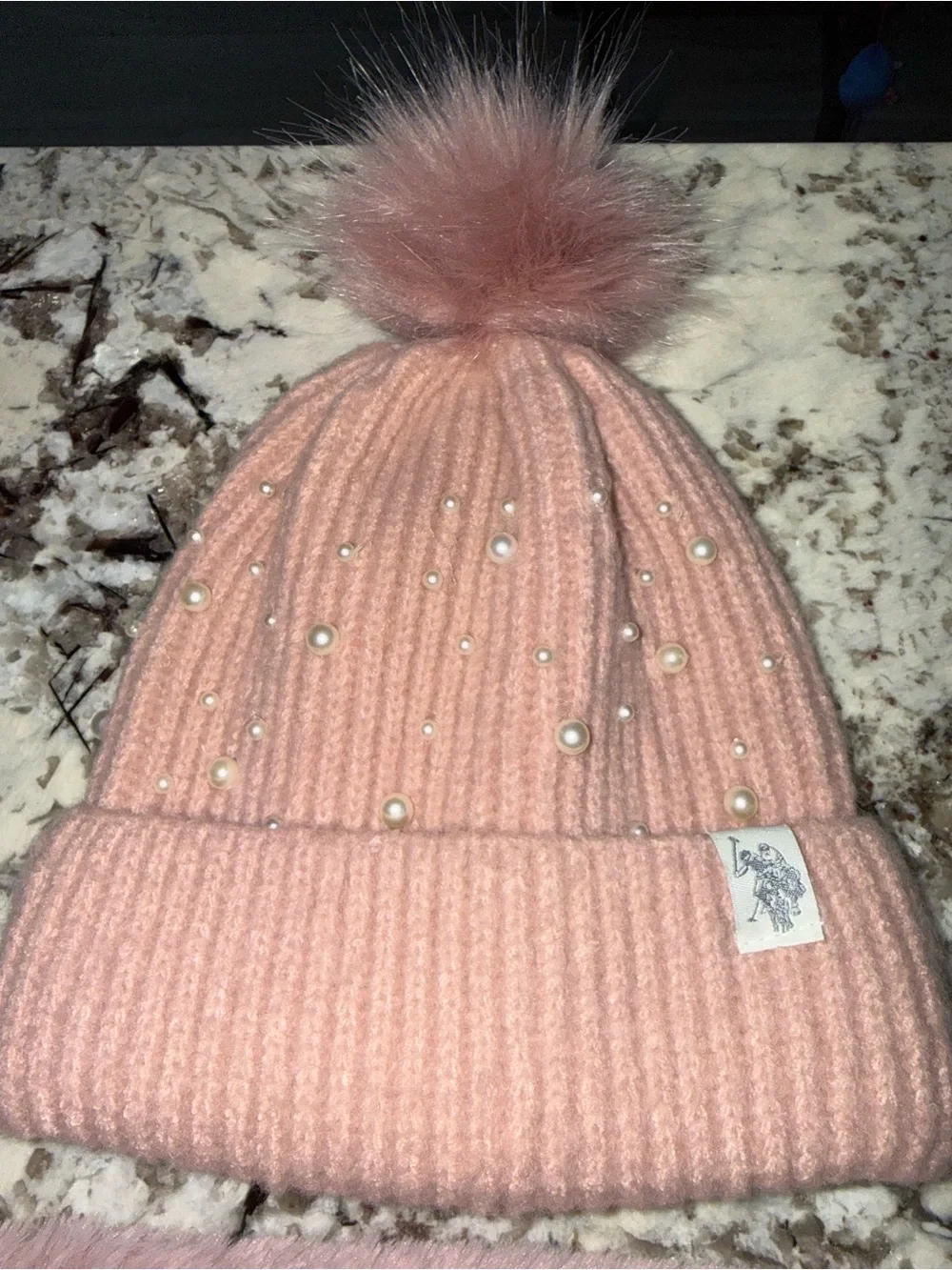 Ralph Lauren Pink Faux-Fur Pom Pom Beanie with Matching Plush Scarf/cowel
